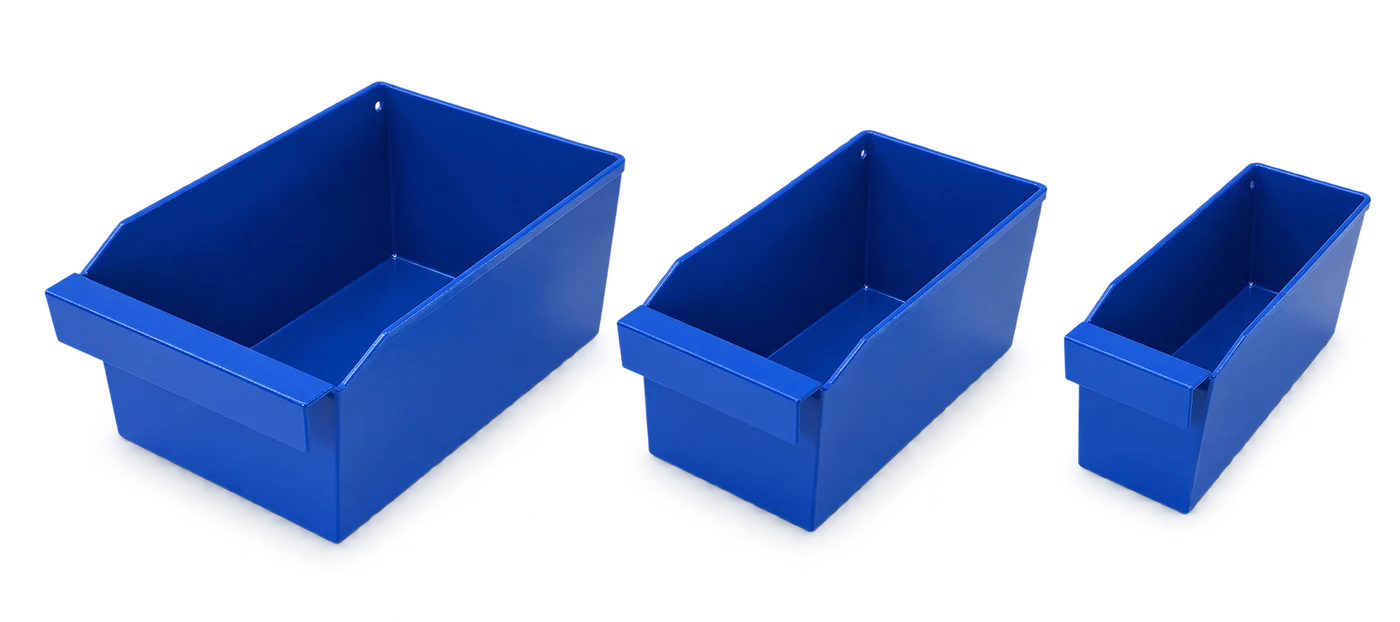 Three blue Inostorage plastic bins in different widths