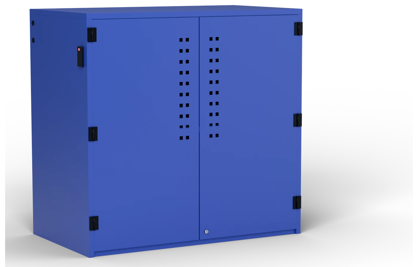 Example of another form factor: the bulk unit with both doors closed, vent holes and a card reader on the side