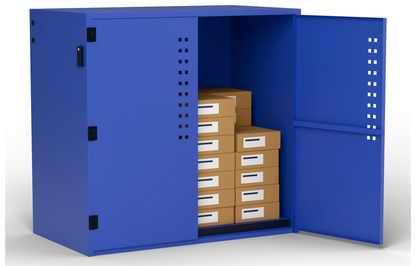 Example of another form factor: the bulk unit, a blue two-door cabinet with one door open and boxes of welding wire on the scale floor