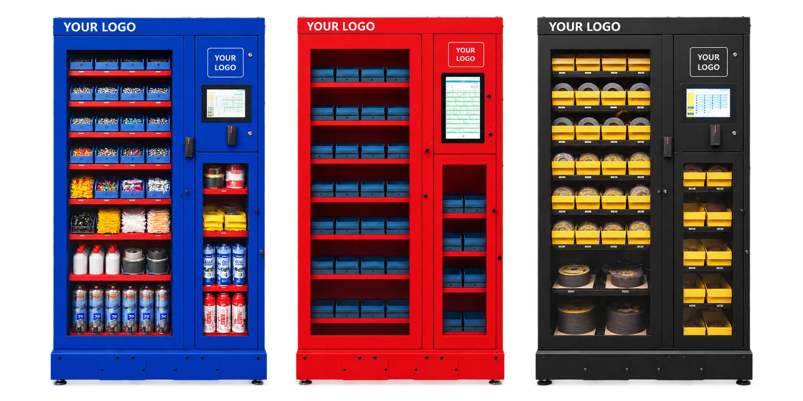 Three Inostorage cabinets side by side: standard blue with red shelves, red with blue bins, and black with yellow bins, each with places for your logo on the top and on the screen panel