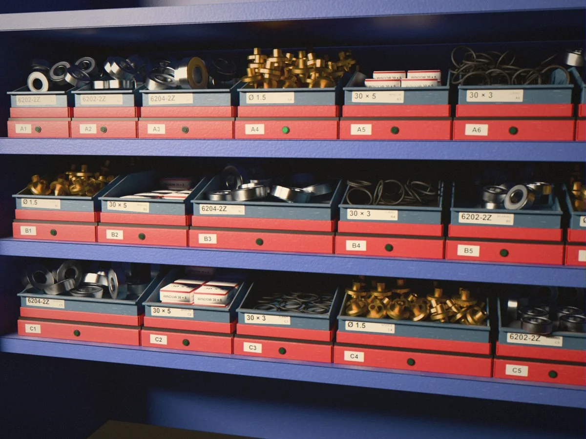 Bins of ball bearings, brass laser nozzles, O-rings and boxes of protective windows on red weighing cells, render