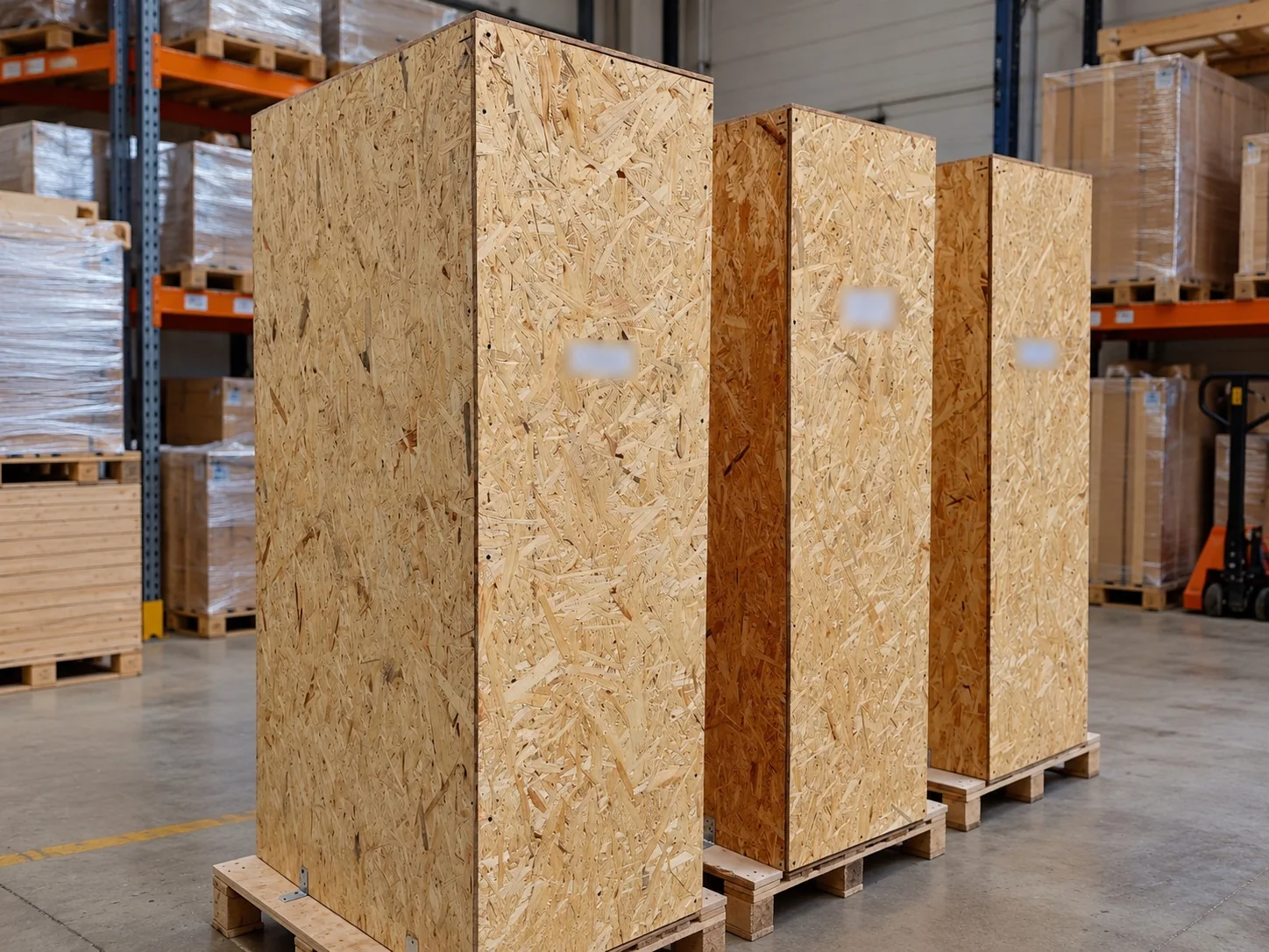 Three wooden shipping crates on pallets in a warehouse, ready for delivery
