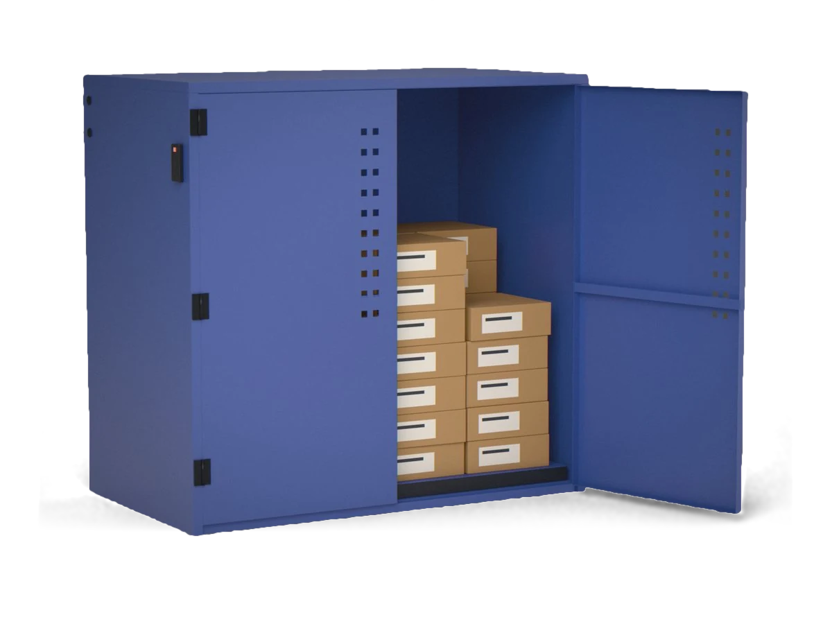 Inostorage bulk unit with one door open and boxes of welding wire on its scale floor, render